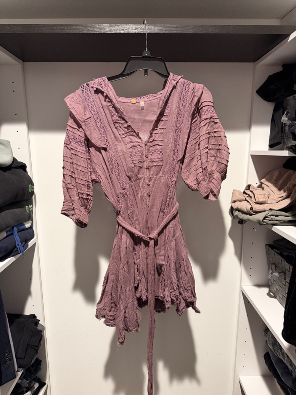 Free People dusty mauve crinkled tiered mini dress with waist tie